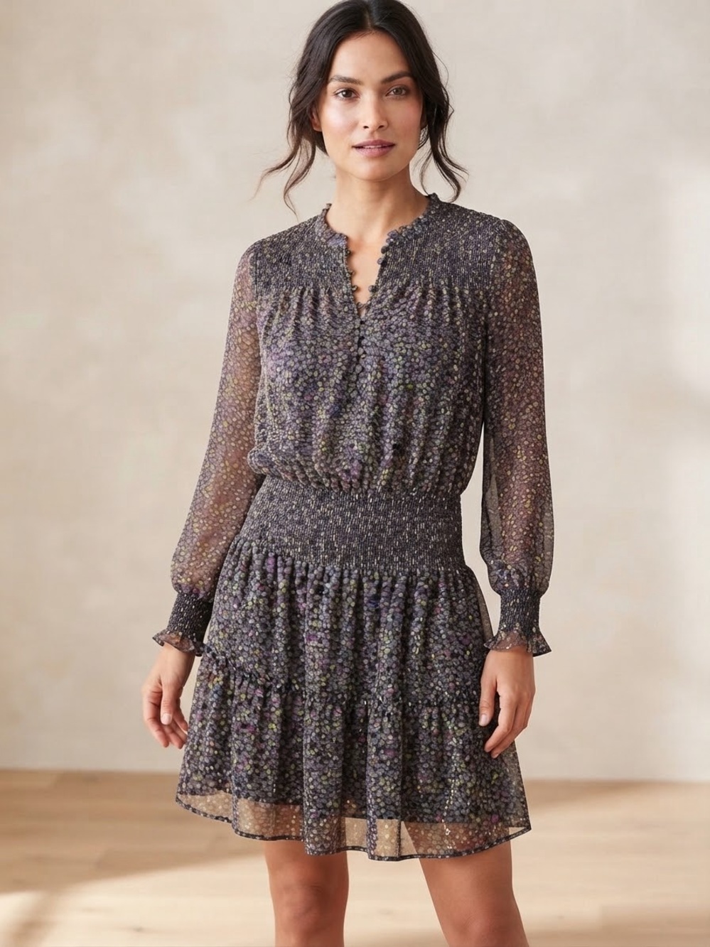 White House Black Market Smocked Waist Mini Dress - Gold Flecked Sparkles